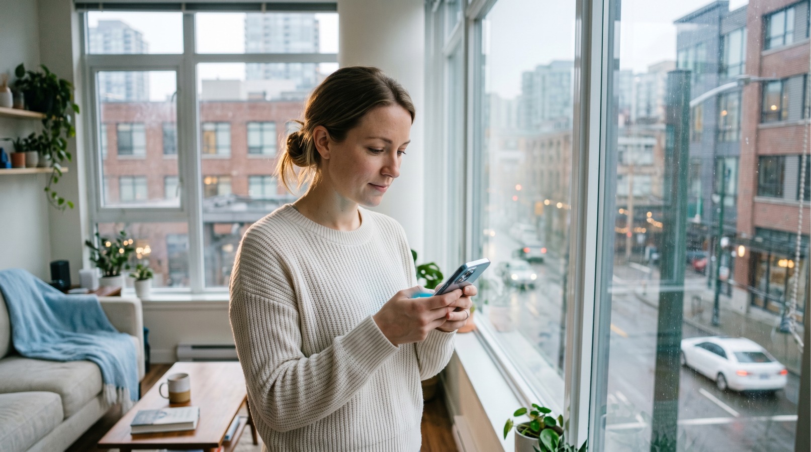 Women near windows looking at her phone