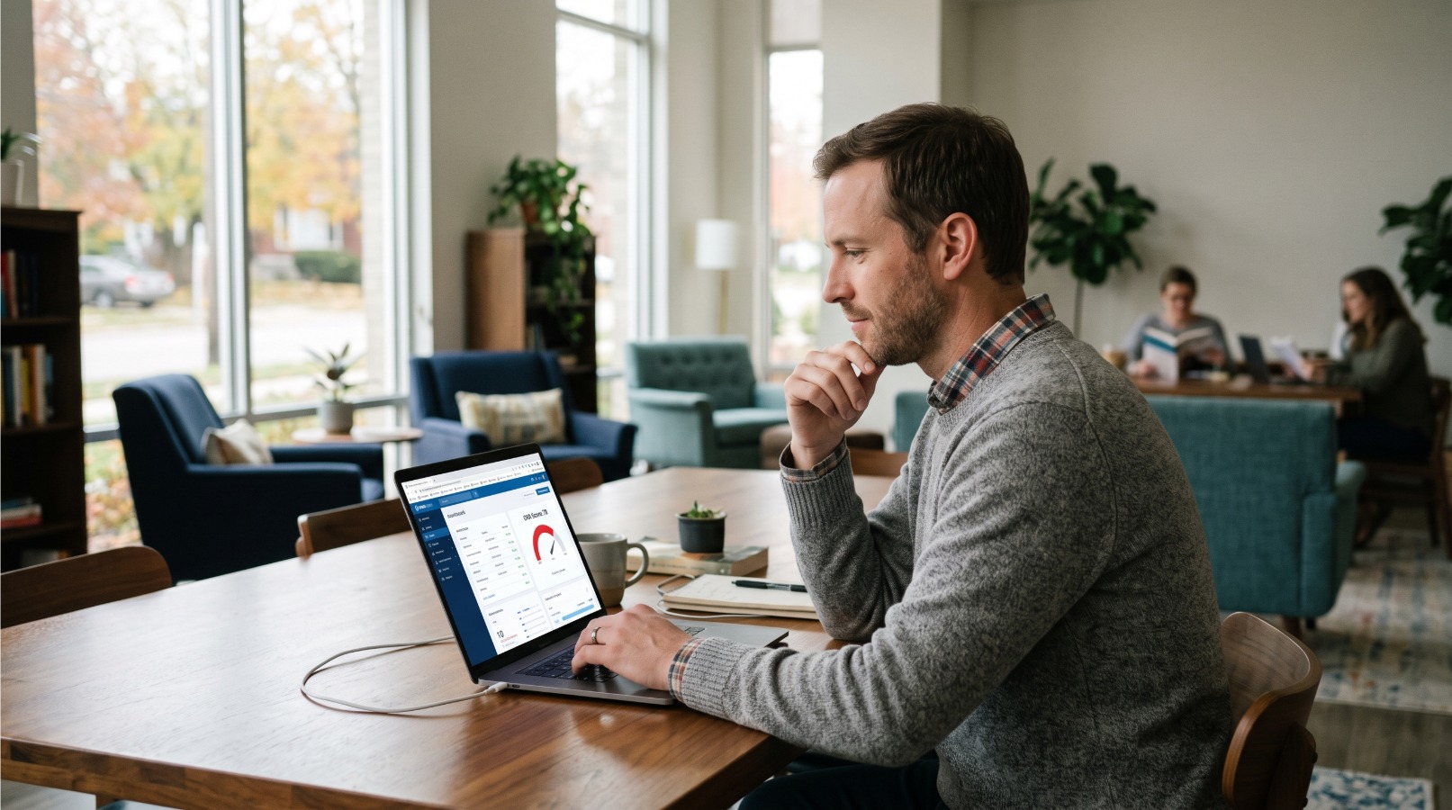man in sweater sitting at desk looking at his laptop