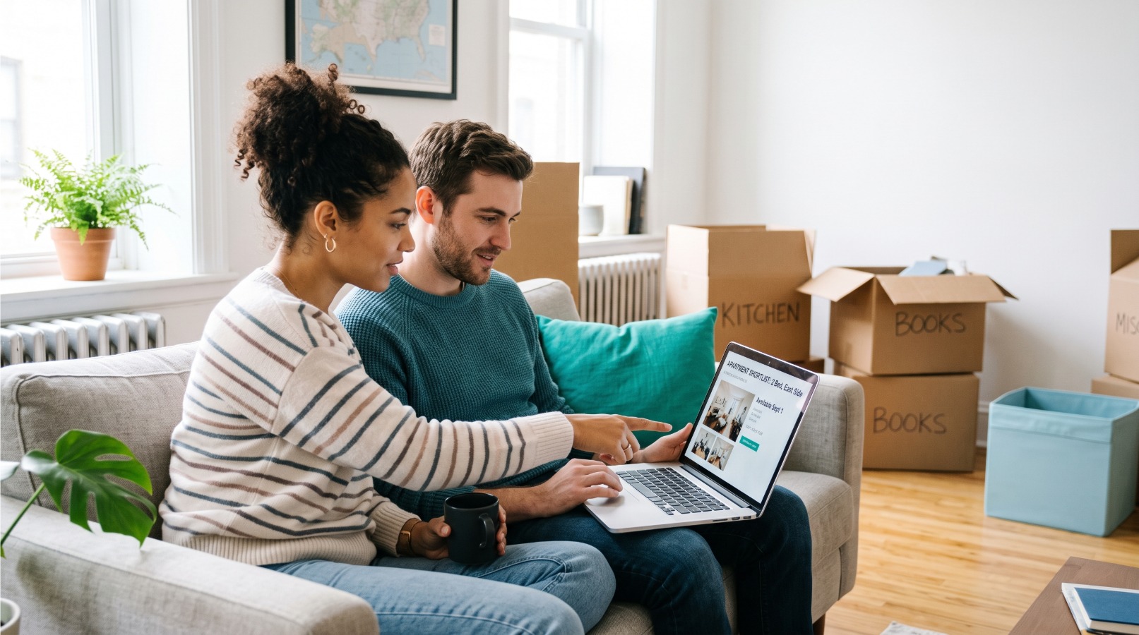 couple sitting on the couch looking at their laptop