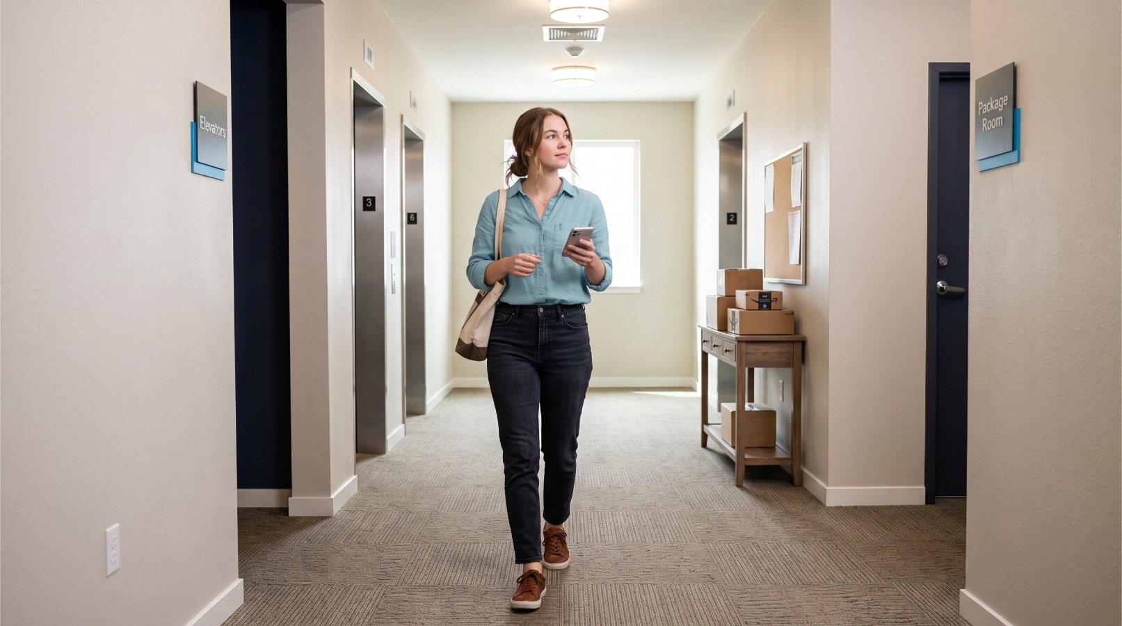 Women in hallway holding her phone