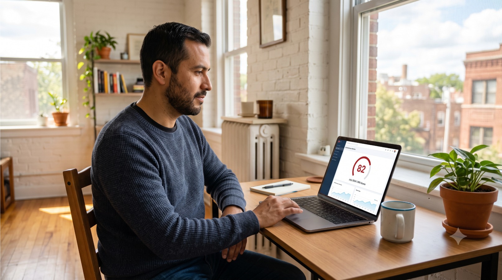man wearing a sweater sitting at a desk on his laptop
