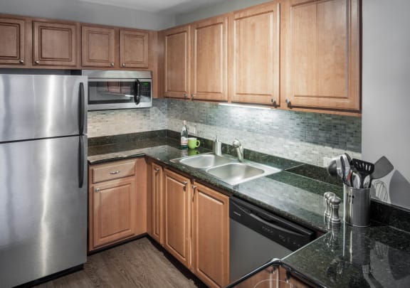 a kitchen with stainless steel appliances and wooden cabinets at The Montrose, IL 60613