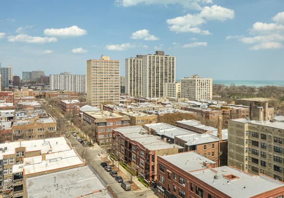 a view of the city from the roof of a building at The Montrose in Chicago, IL