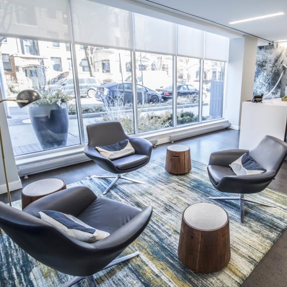 a lounge area with chairs and a rug in front of a window at The Montrose in Chicago, 60613