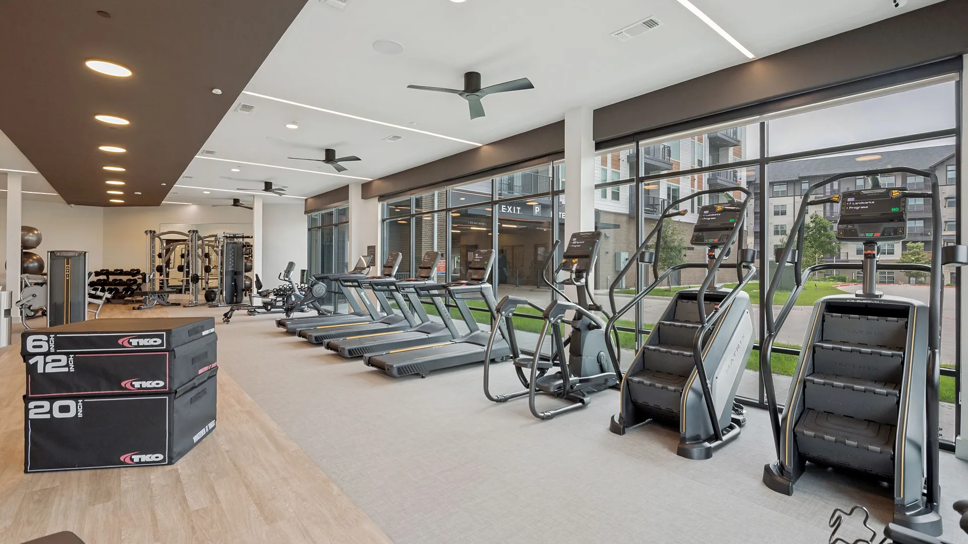 Modern gym interior with fitness equipment and natural lighting.