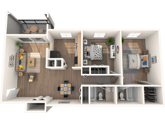 Apartments in Tampa, FL for Rent – Belara Lakes – 3D floorplan of our 2 bed, 2 bath, 1048 sq. ft. Swan floorplan