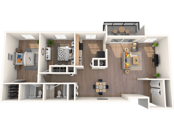 Tampa, FL Apartments – Belara Lakes – 3D floorplan of our 2 bed, 2 bath, 1248 sq. ft. Jaeger Floorplan