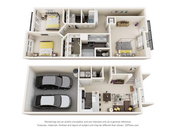 A 3D floor plan of a house with two bedrooms, a living room, a kitchen, a bathroom, and two parking spaces.