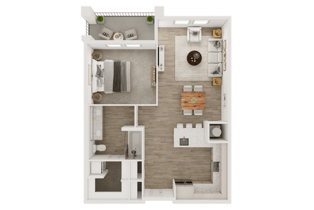 Charming 2D floor plan showcasing a one-bedroom apartment with an open living area and modern kitchen.