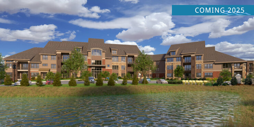 A computer-generated model of the NorthBrook complex, with a view of the water.