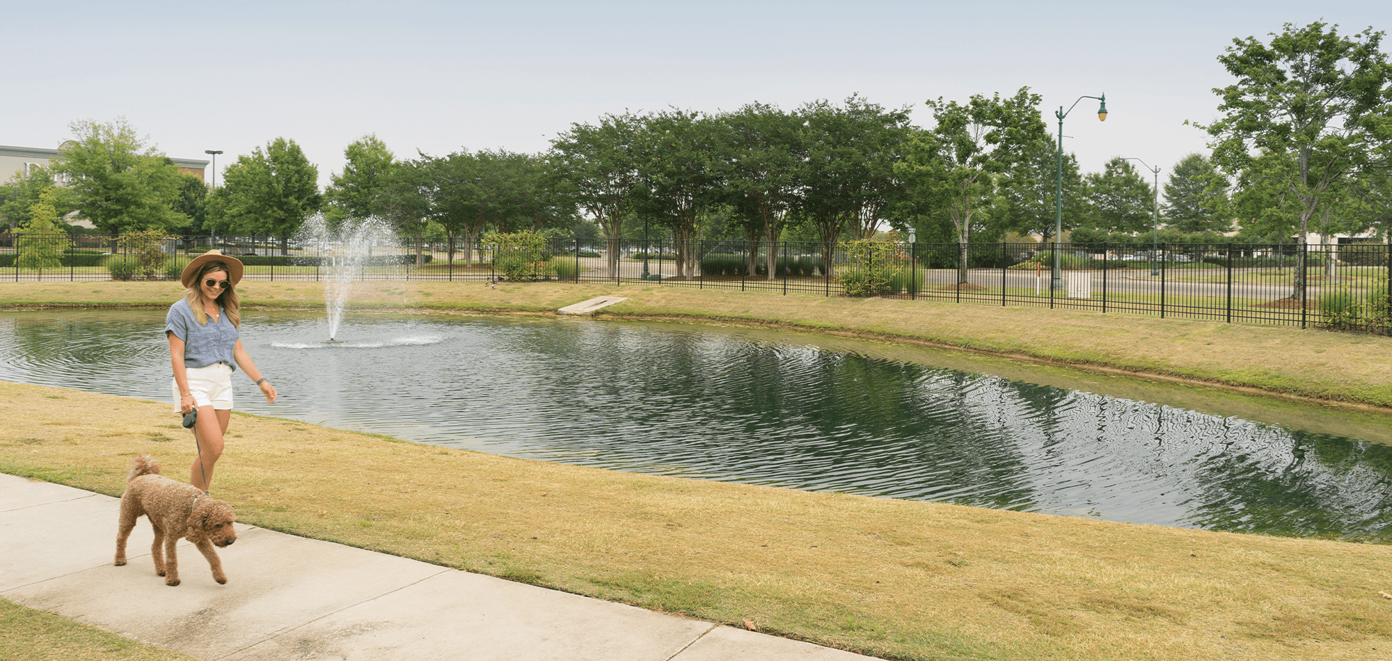pond view with fountain at The Morgan at Eastchase apartments where a young woman walks her dog on the sidewalk