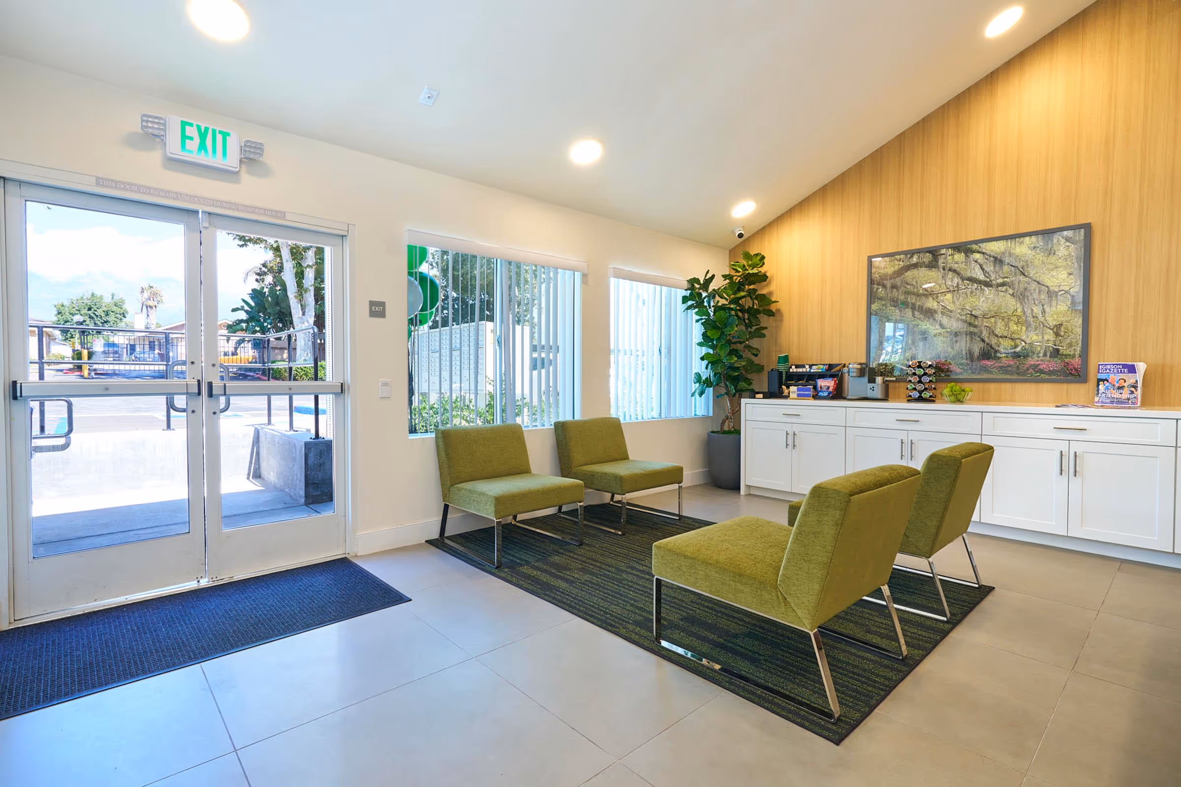 Leasing office seating area with coffee bar station