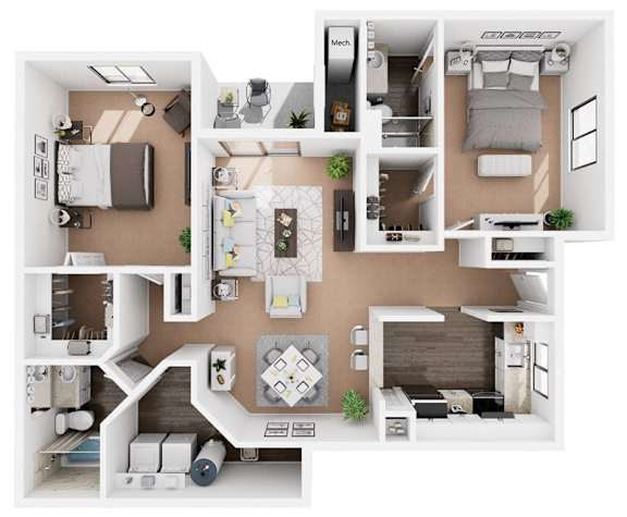 A top-down view of a small apartment layout with a kitchen, living room, and bedroom.