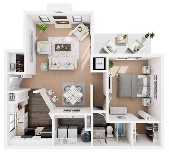 A top-down view of a small apartment layout with labeled sections for the kitchen, living room, and bedroom.