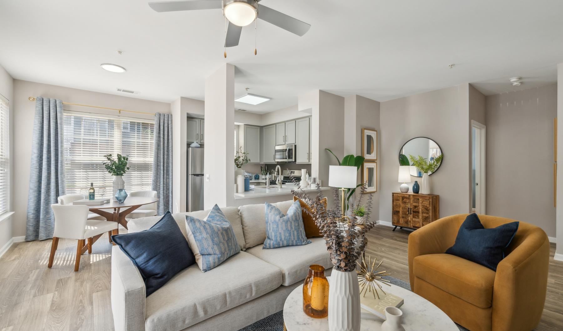 a living room with a couch and a table