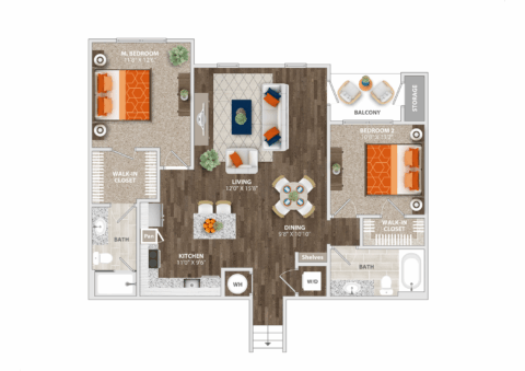 Floor plan of a two-bedroom, two-bath apartment featuring a central living and dining area, kitchen, two walk-in closets, a balcony, storage, washer/dryer area, and bedrooms on opposite sides.
