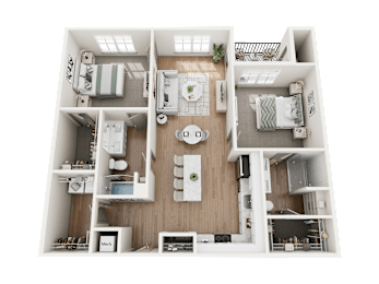 A top-down view of a two-bedroom apartment with a kitchen, living room, and bathroom.