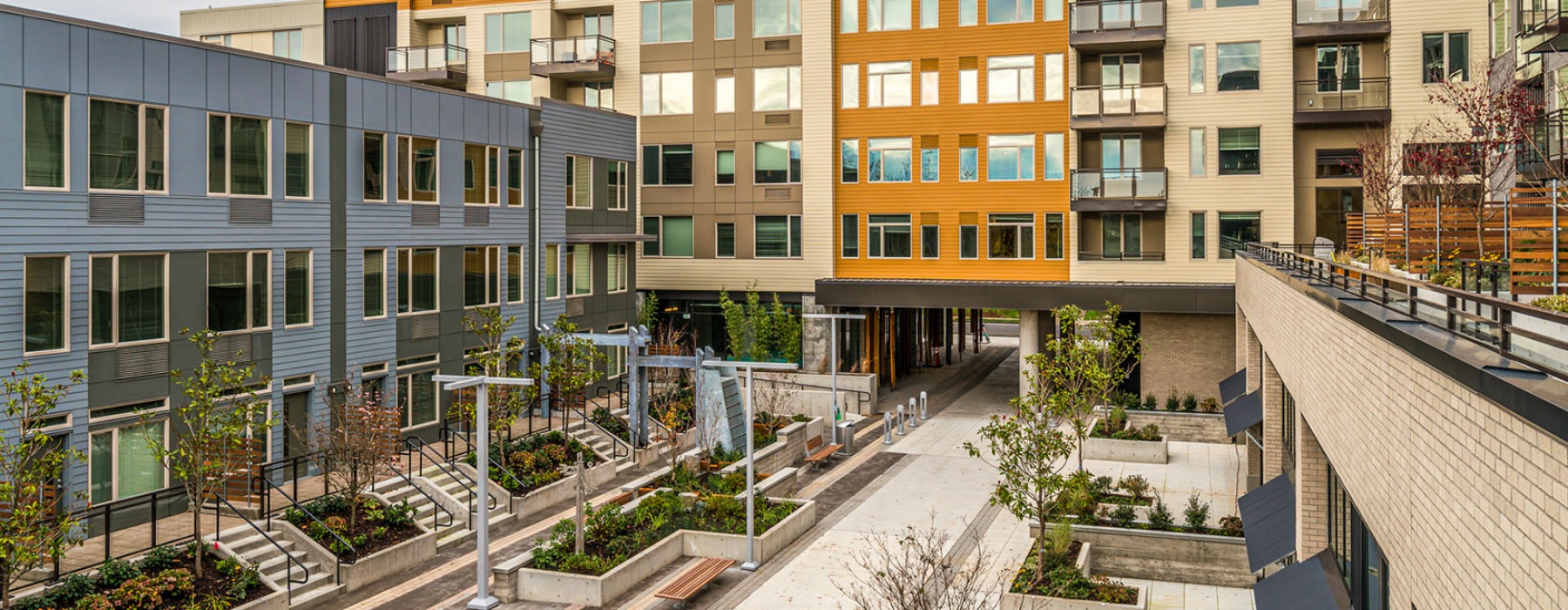 Exterior rendering of the building and courtyard