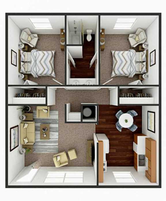 A 3D floor plan of a house showing a living room, kitchen, and two bedrooms.