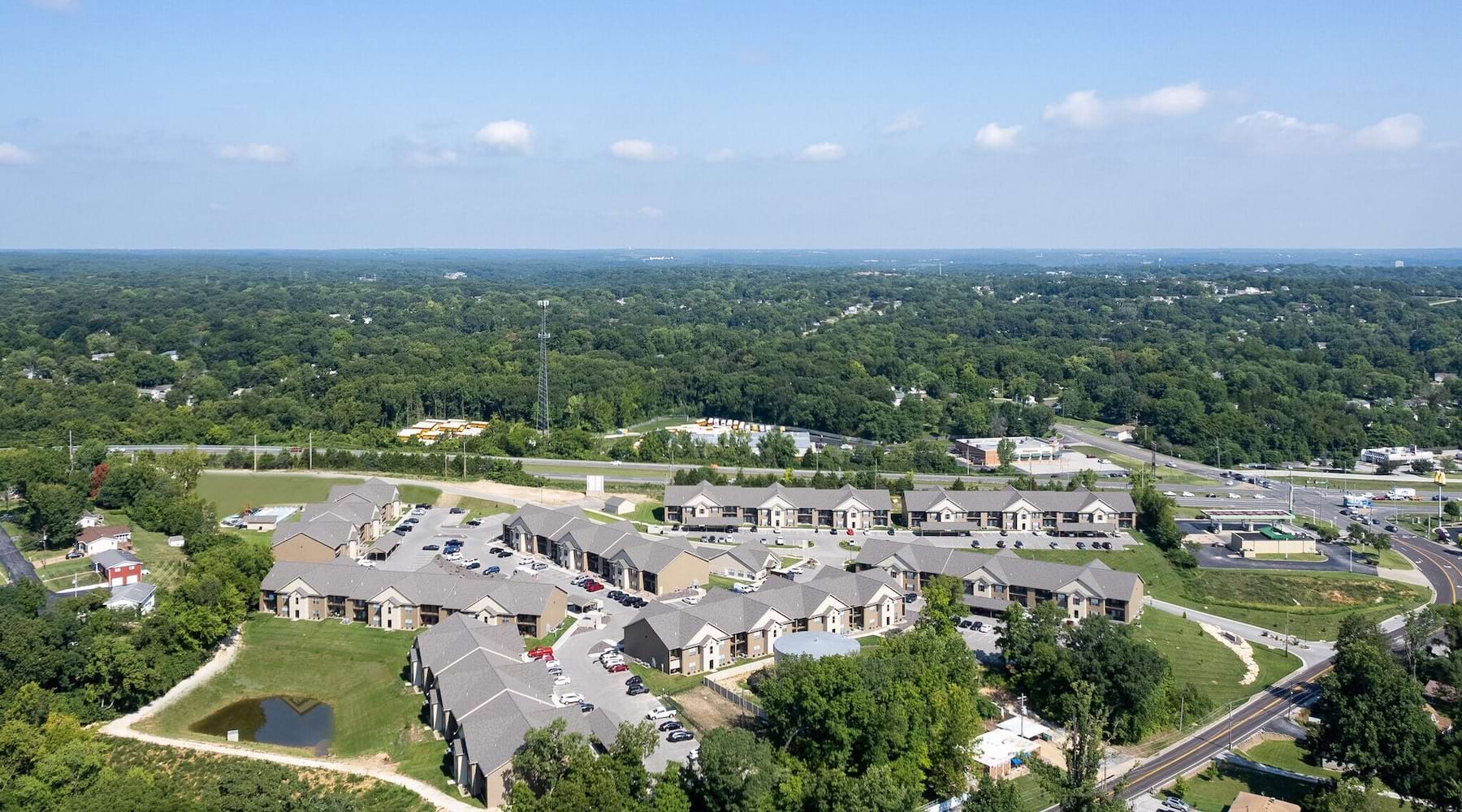 Aerial view of Sugar Creek apartments for rent in Fenton, MO.