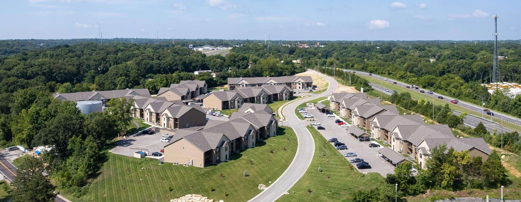 An aerial view of Sugar Creek Apartments in St Louis County MO for rent.