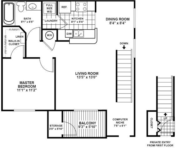 A floor plan of a house with a living room, dining room, kitchen, and bathroom.