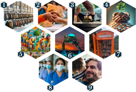 a montage of pictures of different people and hands and a plant