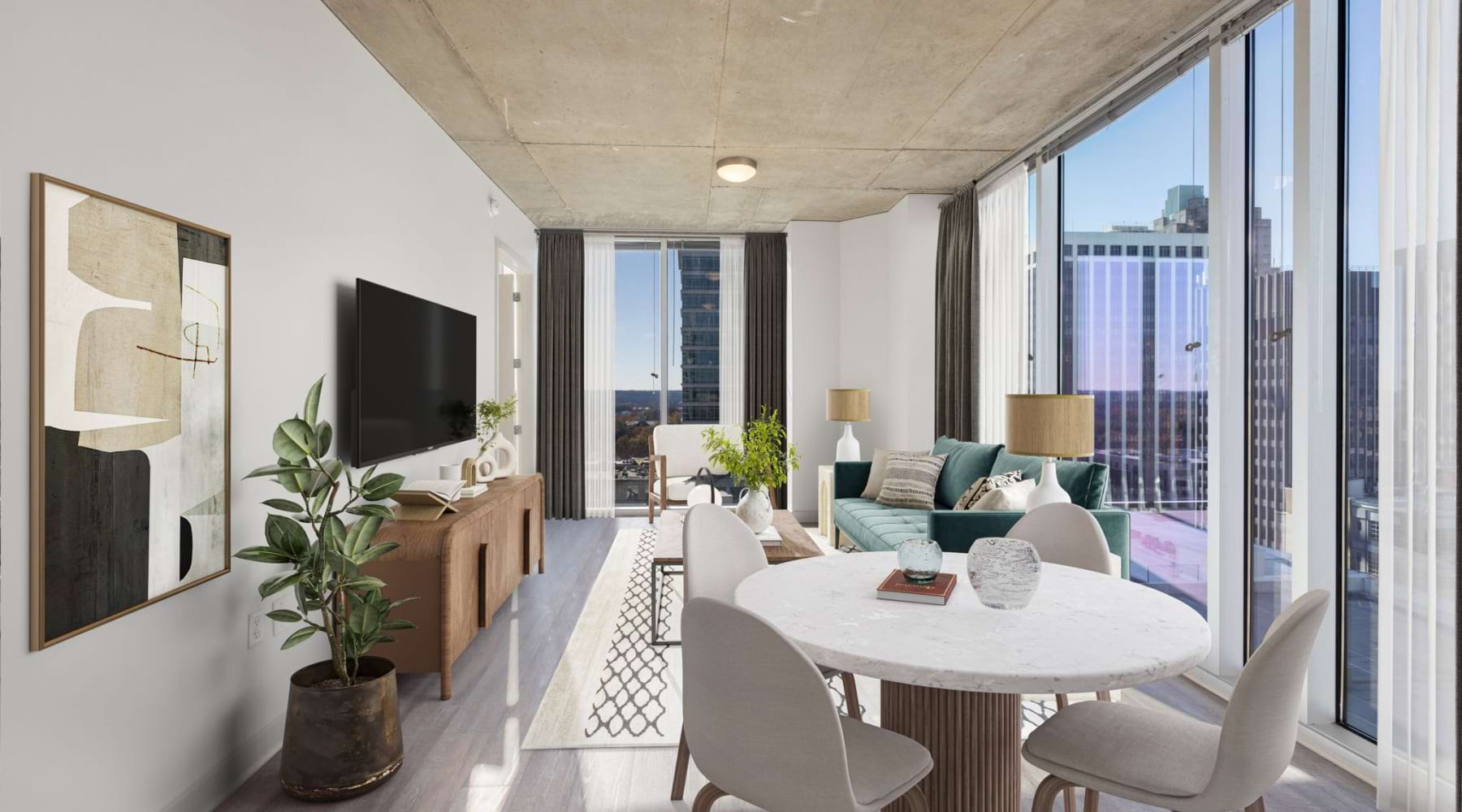 open living spaces in bright apartment