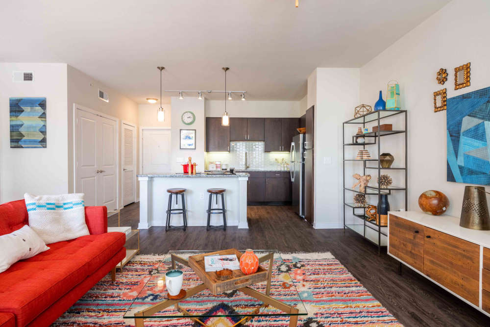 Modern living room and kitchen at Sur512 in Austin, Texas