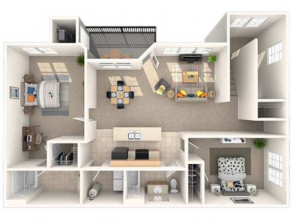 A 3D rendered image of a small apartment layout.