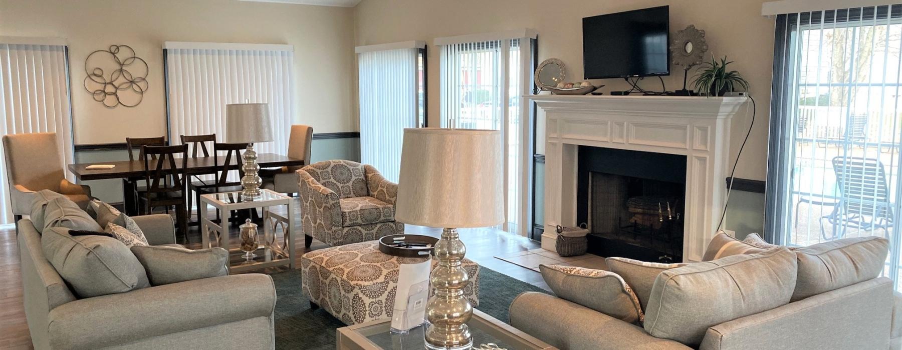 a living room with a fireplace