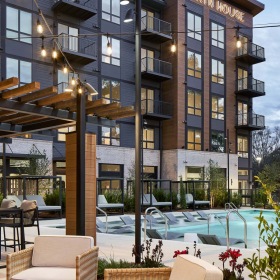 pool with outdoor seating