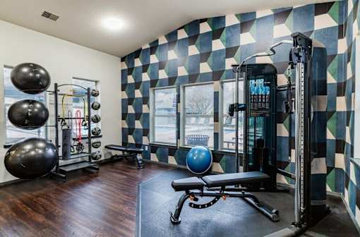 A gym with a checkered wallpaper and a variety of exercise equipment.