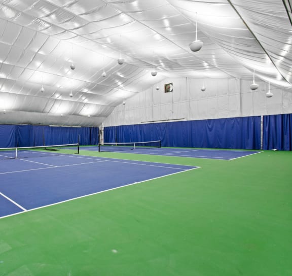 a tennis court in a gym with a blue and green court at The Annaline, Tennessee, 37217