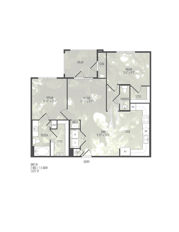 A floor plan of a house with a garage, living room, dining room, kitchen, and two bedrooms.