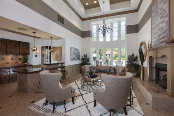 Elegant Clubroom with Kitchen, Fireplace, & TV