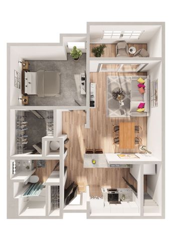 Modern 1-bedroom apartment floor plan featuring an open-concept living and dining area, sleek kitchen with breakfast bar, spacious walk-in closet, and cozy bathroom. Natural light enhances the contemporary decor.