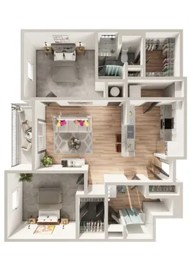 Chic 2-bedroom apartment floor plan featuring open-concept living area, modern kitchen, and cozy balcony.