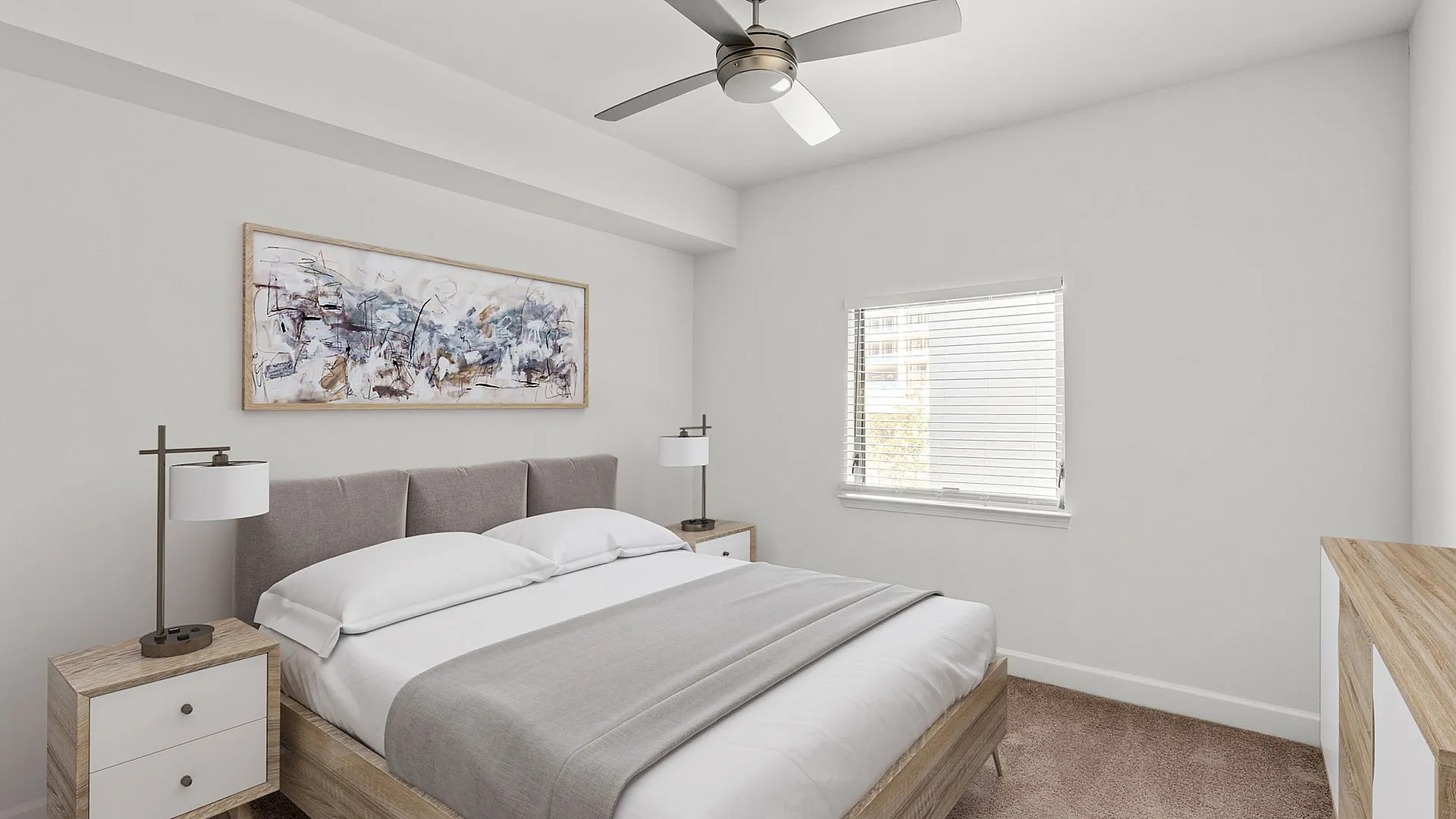 Elegant bedroom with a modern design, featuring a cozy bed, abstract artwork, and natural light from a large window.