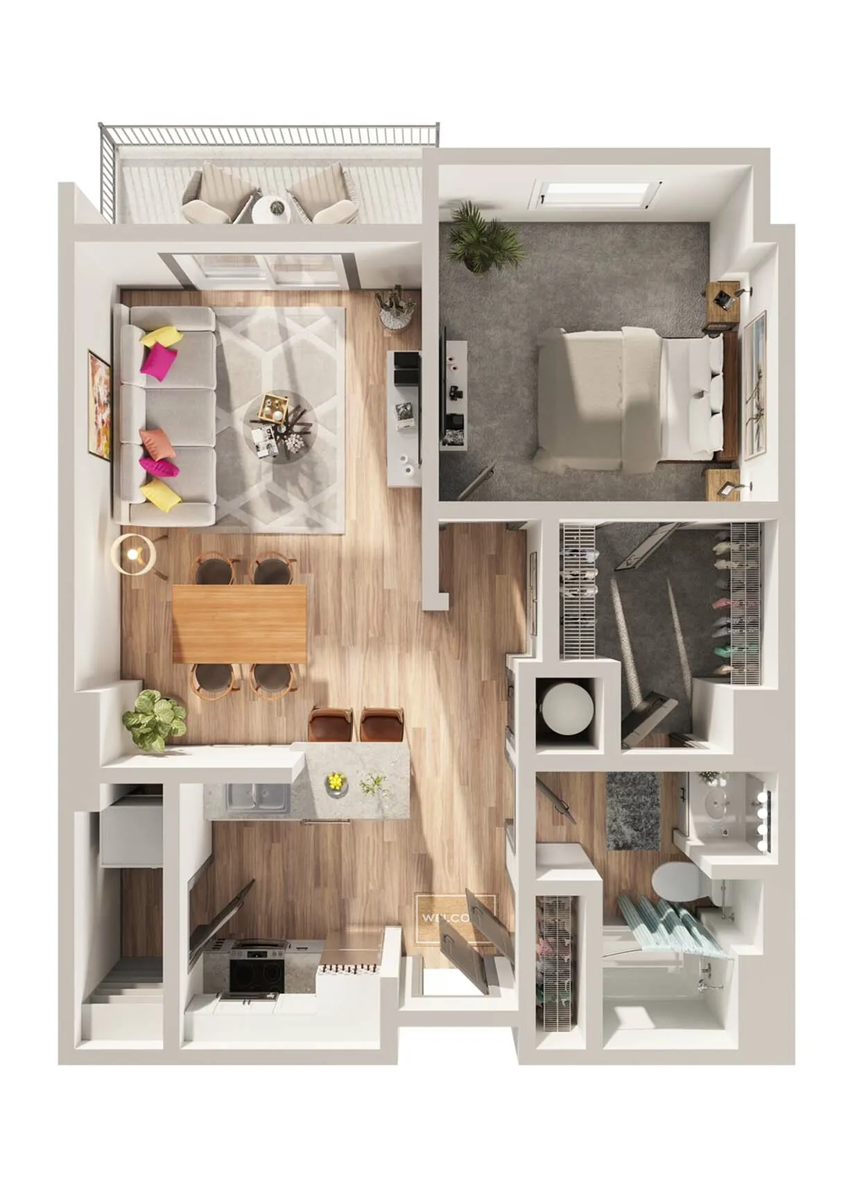 Chic 1-bedroom floor plan with open-concept living area, modern kitchen, and cozy balcony, perfect for urban living.