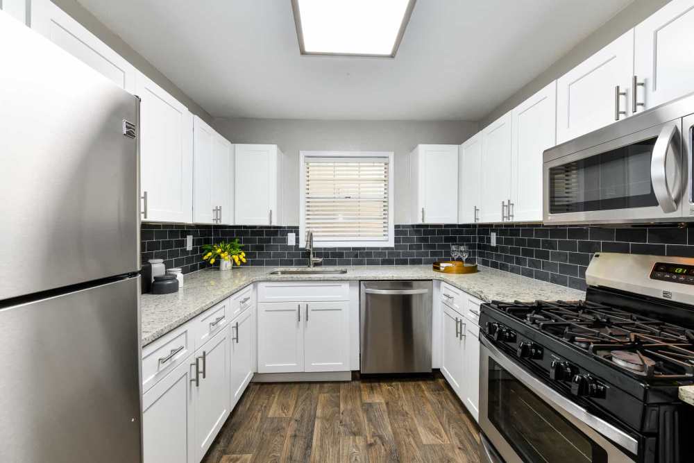 Modern kitchen with stainless-steel appliances at Preserve at Dunwoody in Dunwoody, Georgia