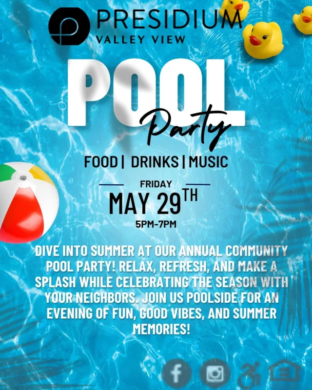 ☀️💦 Kick Off Summer With Us! 💦☀️ Residents join us tomorrow for our Annual Summer Pool Party at Presidium Valley View! 🌴🎶🍔🥤 Bring a friend and come hang out with your neighbors, soak up the sun, enjoy great music, food, drinks, and celebrate the start of summer together! 😎🏖️ 📅 Friday, May 29 | 5PM–7PM 📍 Presidium Valley View 4040 Valley View Ln. Farmers Branch, TX 75244 #PresidiumValleyView #PoolParty #SummerKickoff #ResidentEvents #FarmersBranch