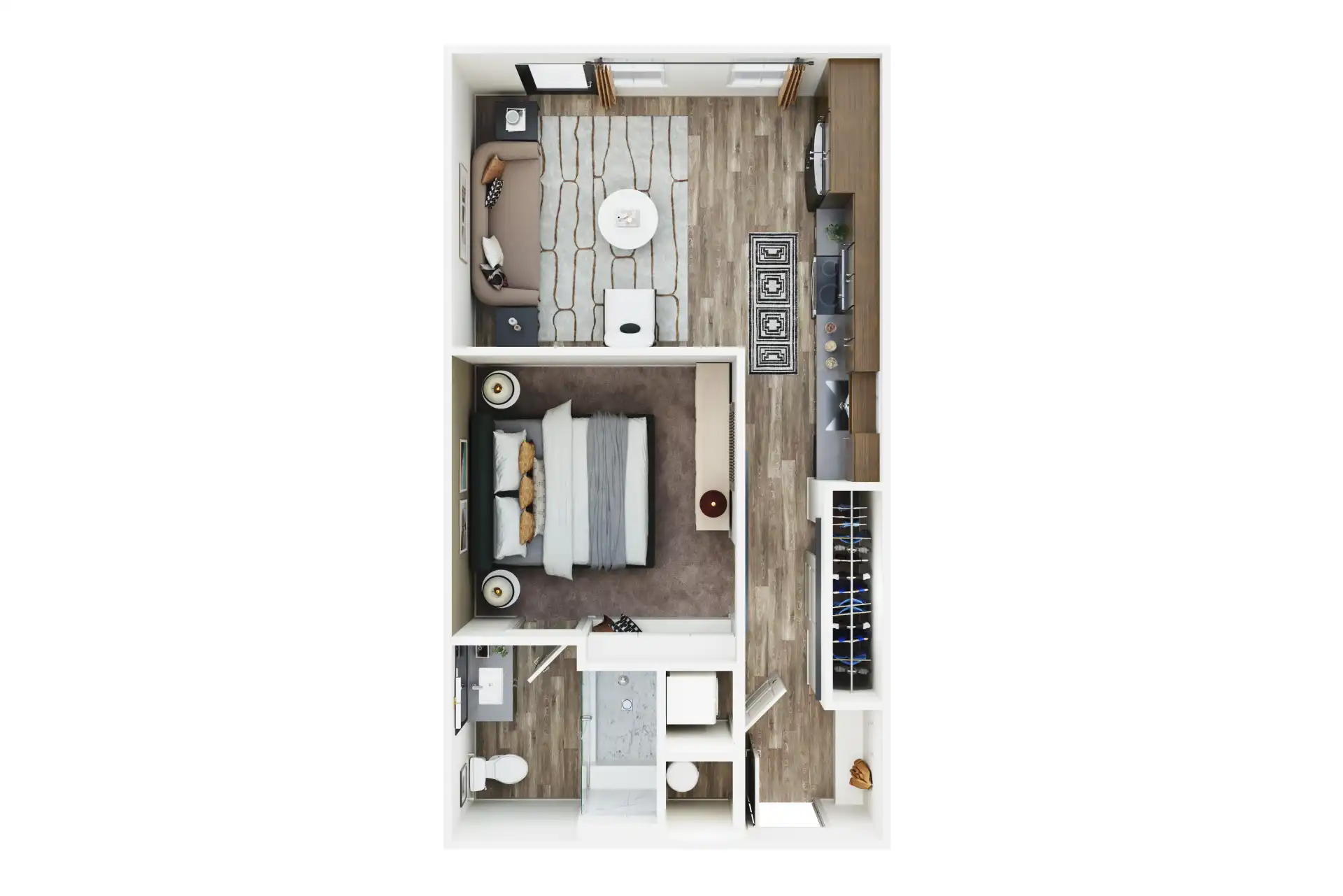 3D furnished rendering of E1- efficiency 573 sqft apartment