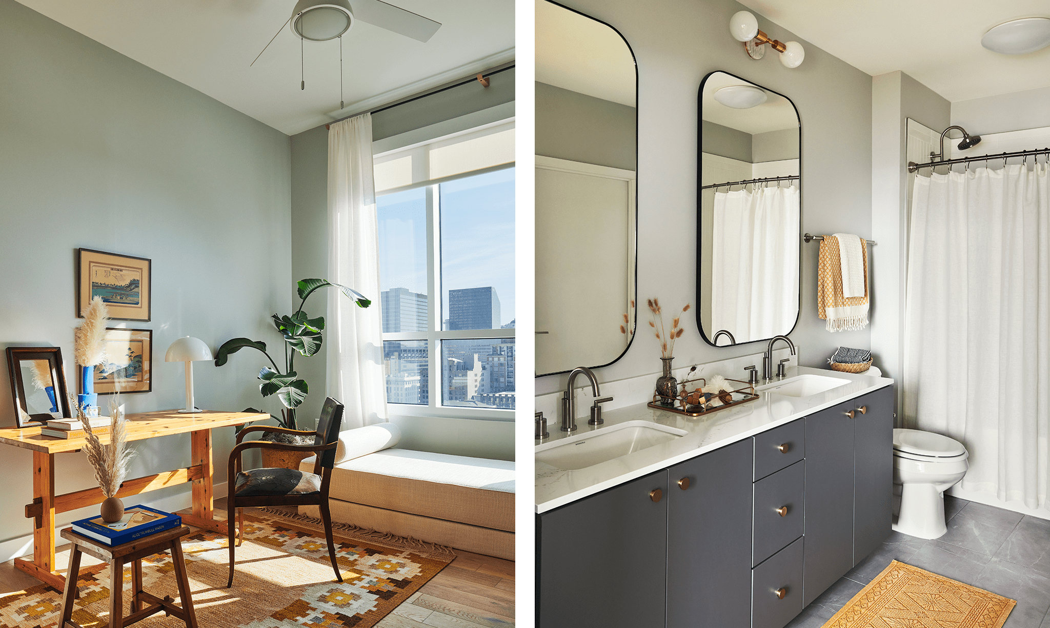 A bathroom with modern mirros and light fixtures along with an in-home office with a cozy window seat
