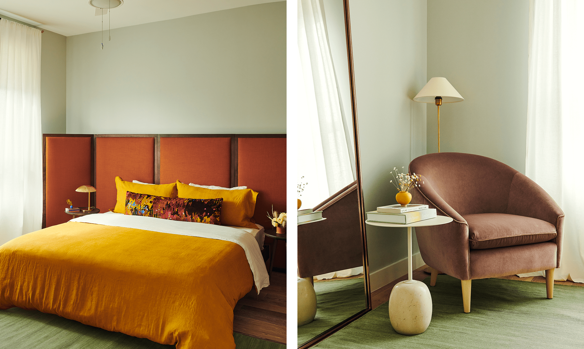 A modern bedroon furnished with cozy bedding and a reading nook