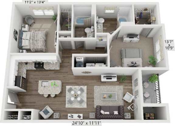 A 3D floor plan of a house with a living room, kitchen, and two bedrooms.