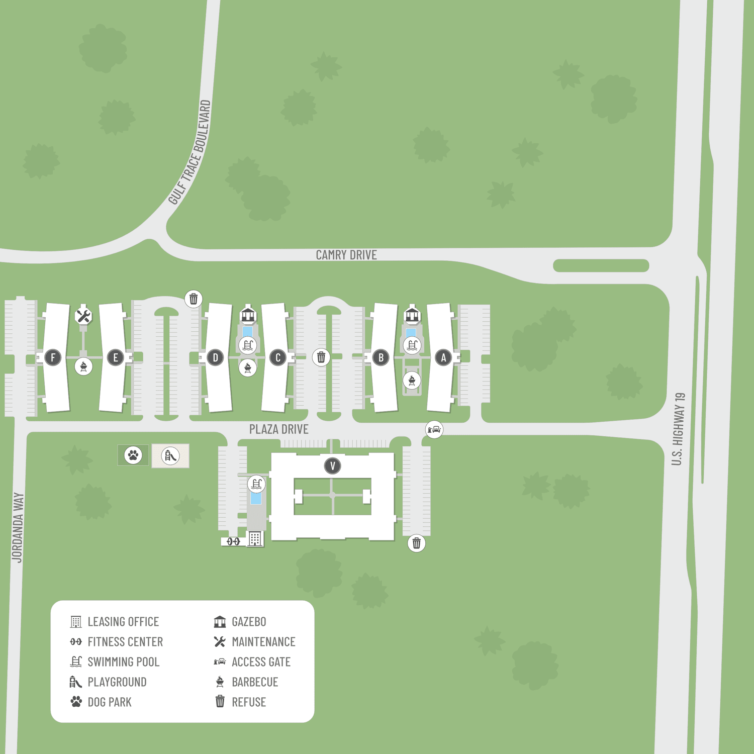 A site map marked by red dots showing unit locations, if available.