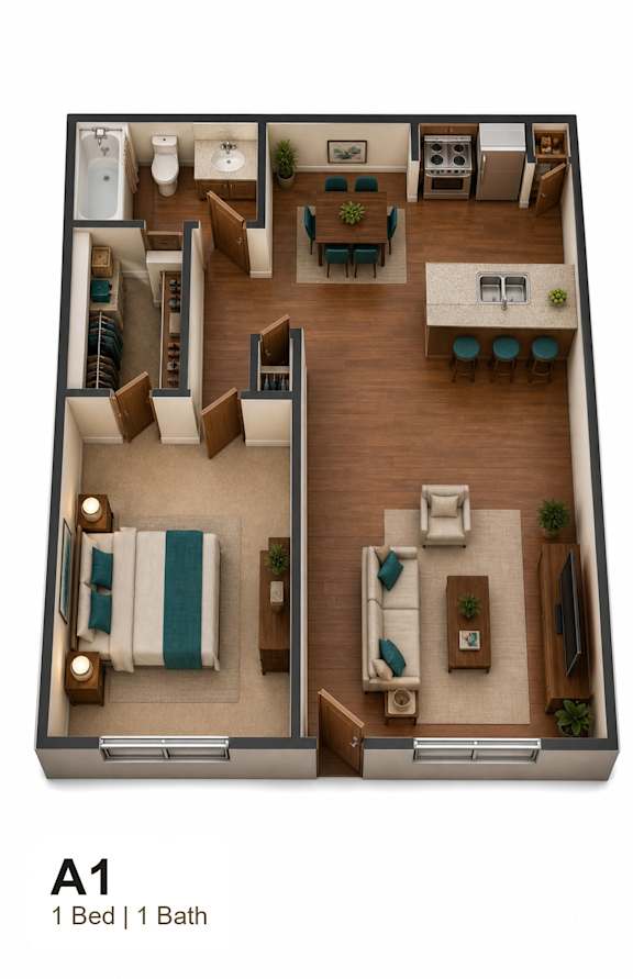 A 1 bedroom apartment with a bathroom.