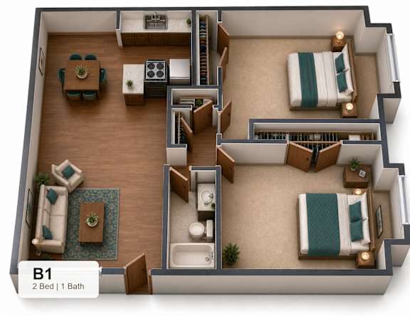 A 2 bedroom apartment with one bathroom is labeled B1.