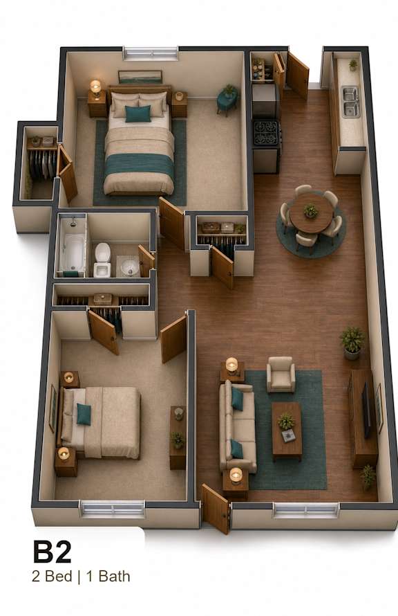 A 2 Bedroom apartment with 1 Bathroom.